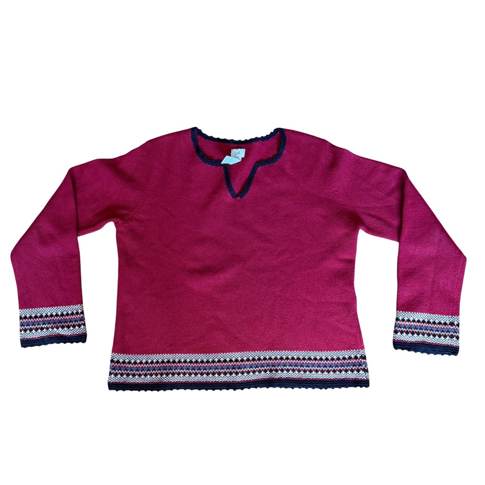 J. Jill Red Wool Angora Lambswool Soft Knit Fair Isle Boho Sweater Medium